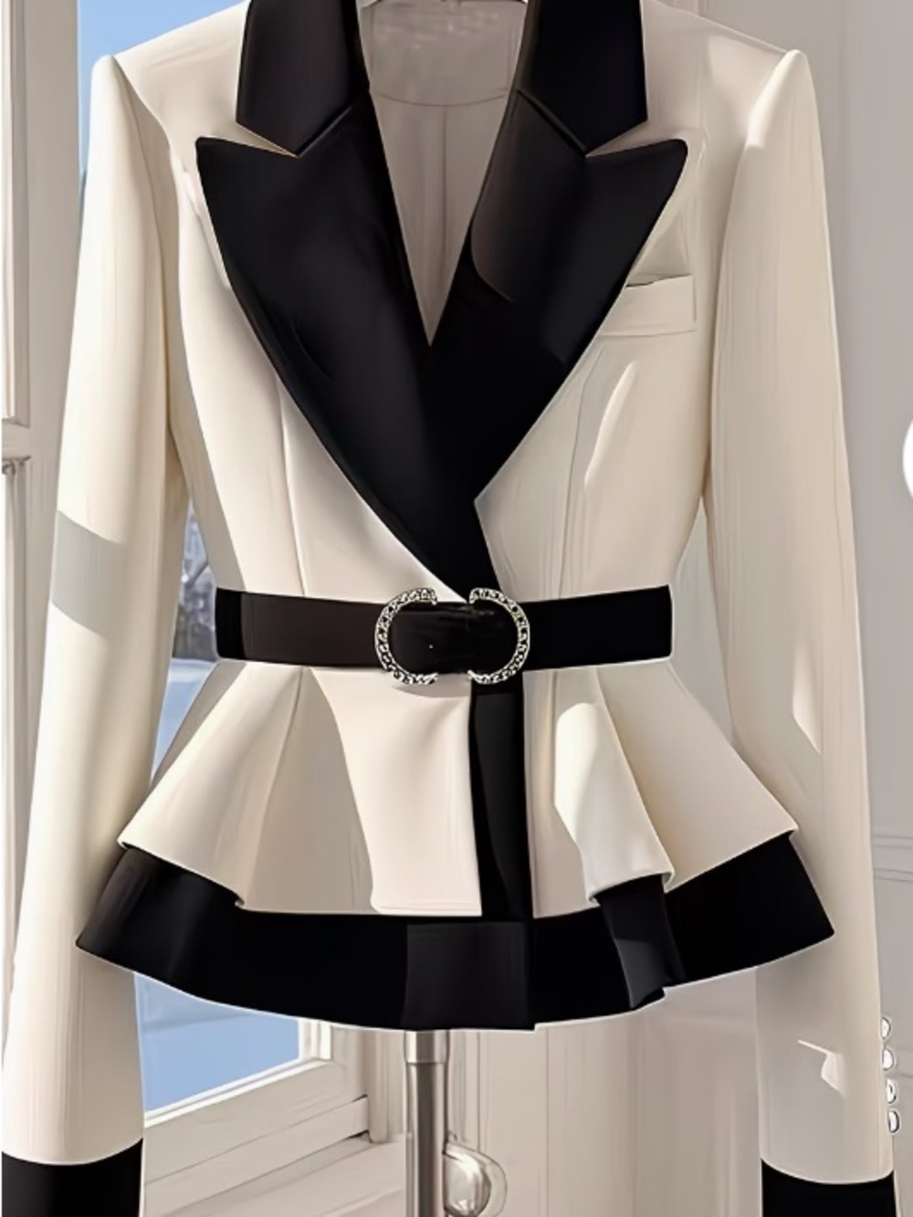 Tailored Cream Peplum Blazer with Black Satin Lapel